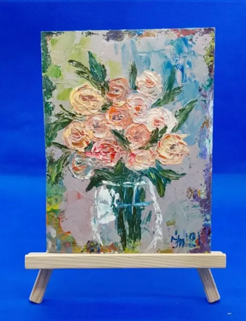 Flowers Original modern oil painting Roses in a vase handmade wall art Ooak