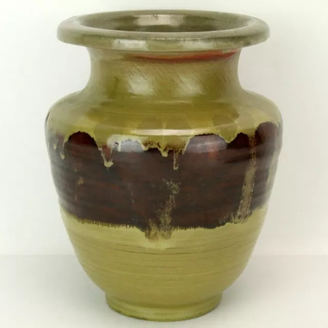 Vintage Artisan Handcrafted Art Pottery Ceramic Vase Urn Green Brown Drip Glaze