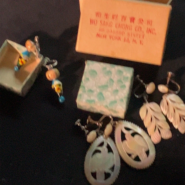 Vintage Chinese Mother of Pearl & Wood Earrings MOP Jewelry Chinese Lot