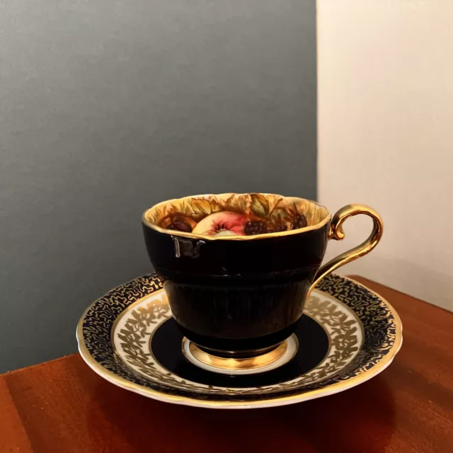 A Aynsley Bone China Fruit Small Coffee Cup And Saucer Gilt Cobalt Blue Vintage 2