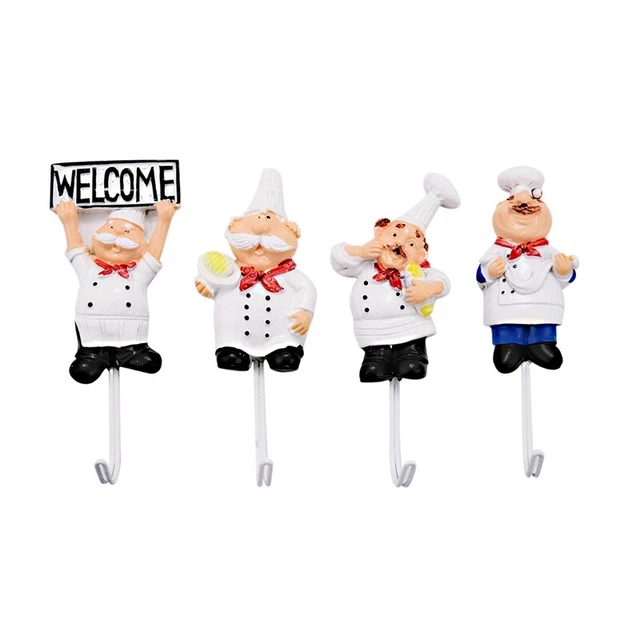 Pack of 4 Resin French Chef Figurine Wall Hooks Decorative Cook Wall Mount6931