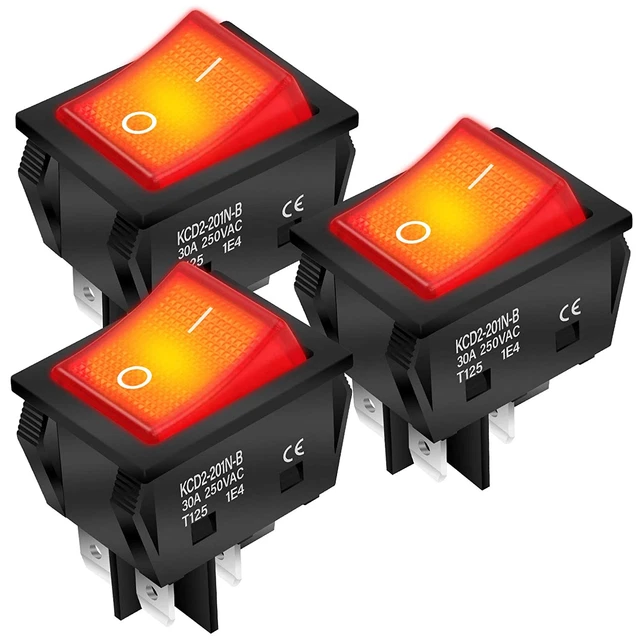 30A 250V KCD2 KCD4 Rocker Switch DPST 4 Pin Red Lighted120V Rocker Toggle Switch