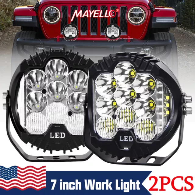 Pair 7" Round LED Work Light Bar Pod Spot Flood Combo for Truck ATV Jeep Offroad