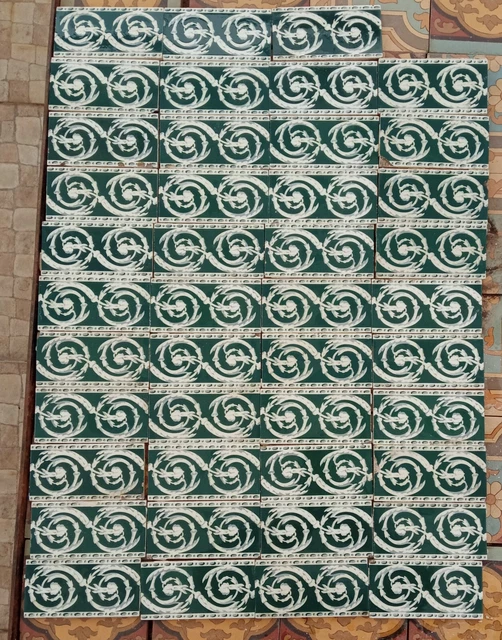 Lot of 43 original 6x3 in. antique tiles deep bluegreen & gray faiance ca 1900