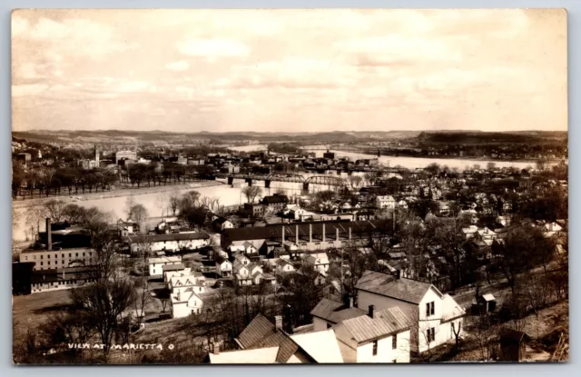 Marietta Ohio~City Birdseye View~Bridge Across River~1930s RPPC