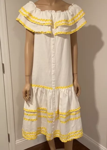 Lisa Marie Fernandez Ric Rac Off The Shoulder Dress Sz S White Linen