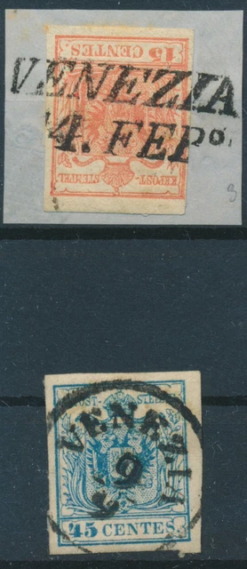 LOMBARDEI-VENETIEN 1850 15C, HP, Type III. und 45C, MP, Type III. VENEZIA.