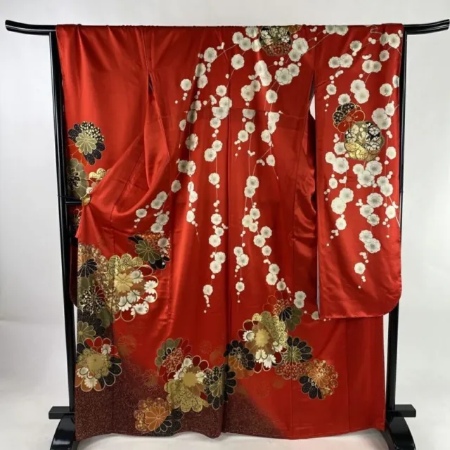 Japanese Kimono Furisode Pure Silk Chrysanthemum Chinese Plum Gold Thread Red