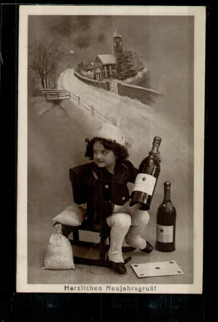 Postcard New Year Congratulations, Child Wine Bottles Money, Small Format