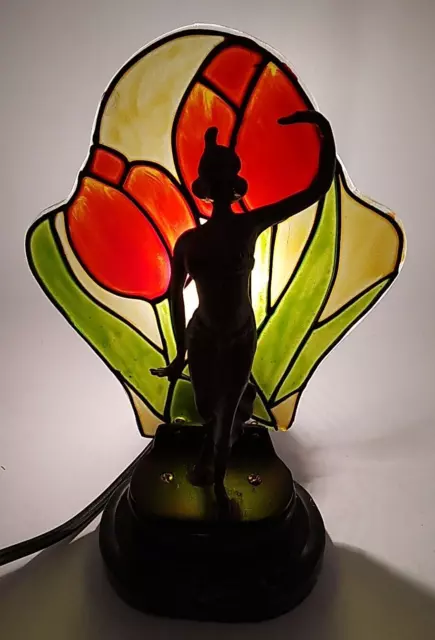 ART NOUVEAU DECO Woman Lady Figural Lamp w/ Stained Glass Shade Marble ...