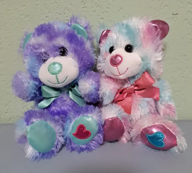 Lot of 2  Sparkle Bears Purple Teal Pink Blue Valentine Plush Stuffed Animal  8"