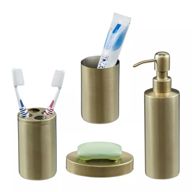 Set de baño accesorios Kit dorado 4 complementos Dispensador jabón Jabonera Vaso