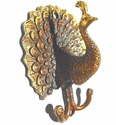 Dancing Peacock Bird Antique Style Handmade Brass Wall Hanger Key Cup Cloth Hook