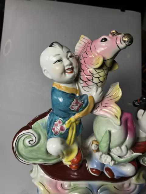 LARGE Chinese Porcelain Figural 2 Children Longevity Peach 16” x 11” 3