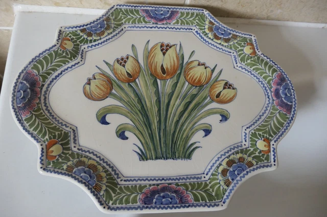 Dutch Delft Pottery 28 By 21.4Cm Wall Plaque -Coloured Daffodil Or Flower Design