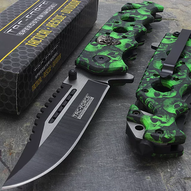 8.25" GREEN SKULLS SPRING ASSISTED TACTICAL FOLDING KNIFE Pocket Blade Open