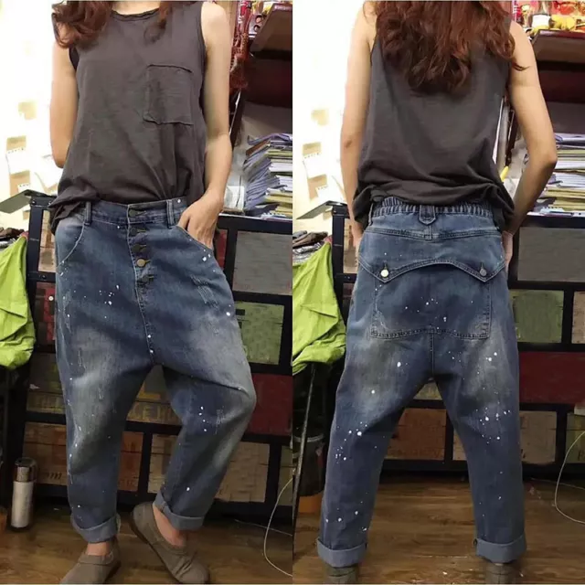 New Casual Womens Denim Harem Pants Baggy Jeans Drop Crotch Loose Trousers Retro