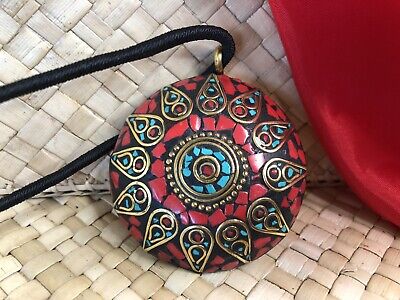 Old Tibetan Pendant Necklace on Black Cord with Local stones in Red Coral &
