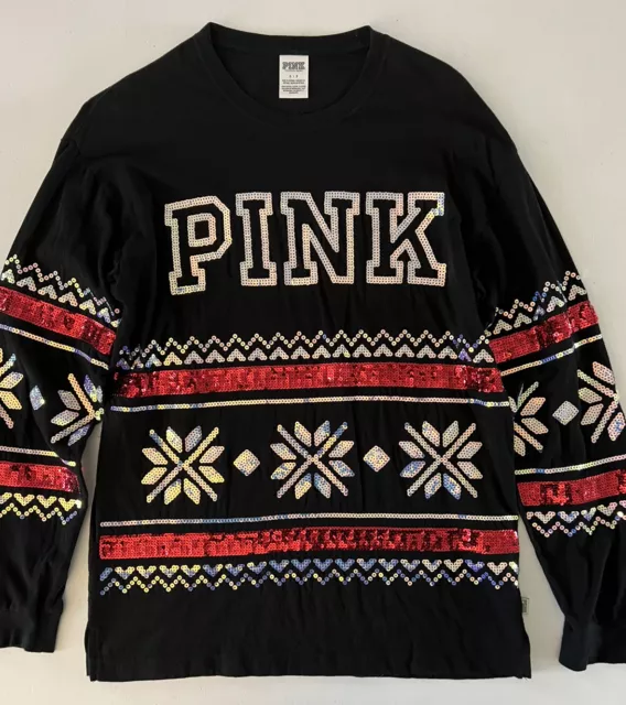 Victoria Secret Pink Bling Sequin Christmas Tee Shirt Top Black Small Snowflake