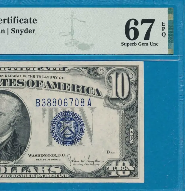 $10. 1934-C  Blue Seal Silver Certificate Attractive, Pmg Superb Gem  New 67Epq
