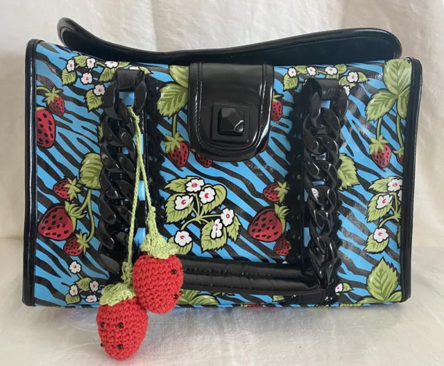 Betsey Johnson Betseyville Strawberry Fields Blue Black Zebra Print Travel Bag