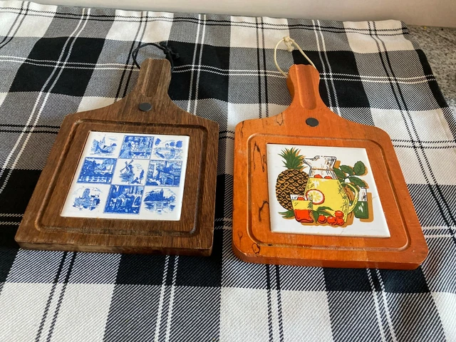 2xKäsebrett Fliese  70er Jahre Vintage Retro Holzbrett Schneidbrett