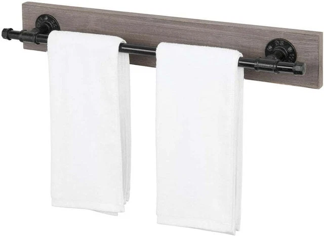 Dark Brown Wood Bathroom Towel Bar with Realistic Metal Pipe