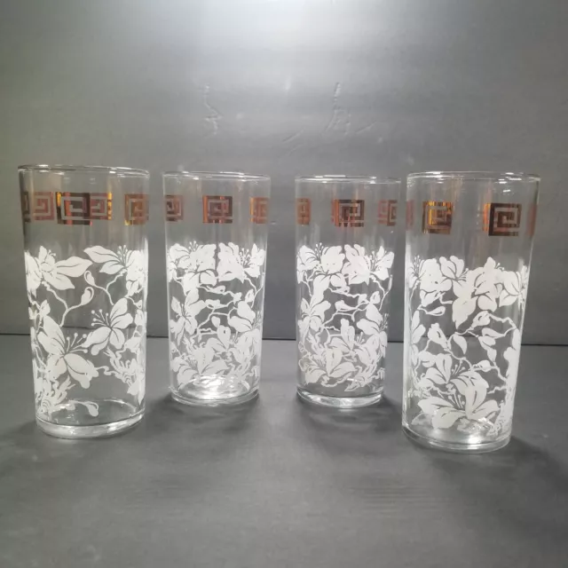 Drinking Glasses Set of 4 Anchor Hocking VTG MCM White Hibiscus Gold Key 6 "Tall