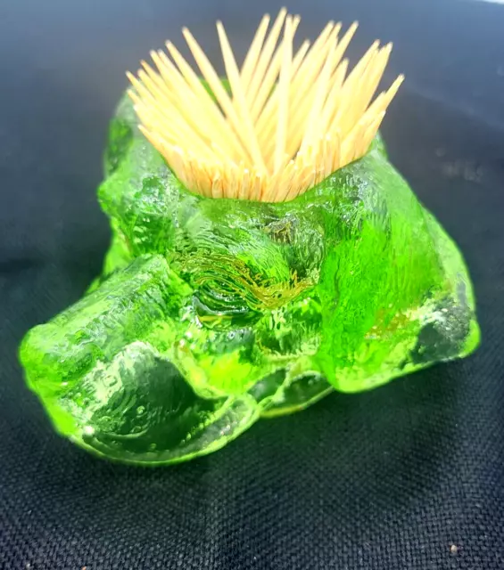 Key Lime Green Art Glass Vaseline Black Light Shine Dog Head Toothpick Holder