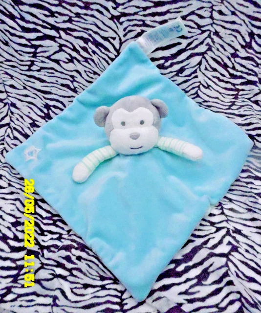 B/ Doudou Plat Carre Obaibi Singe Bleu/Vert Raye Blanc Gris Vert 24/24 Etat Neuf