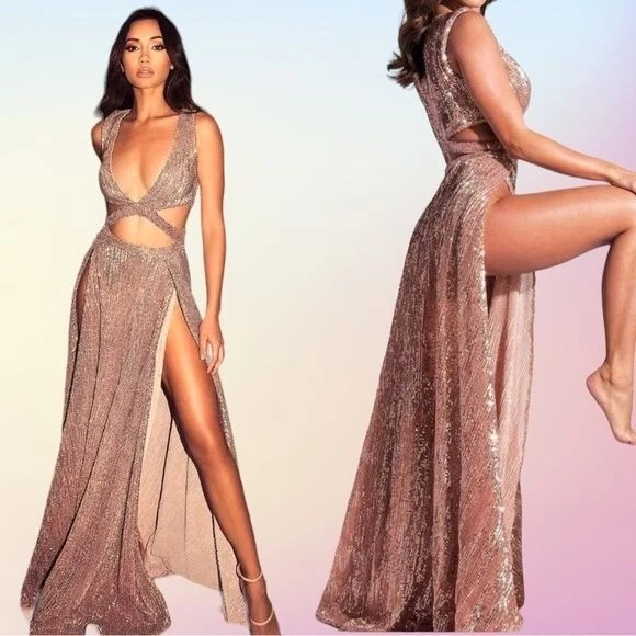 Abyss By Abby Rose Gold Cut Out Side Slit Mia Maxi Dress Sz Md