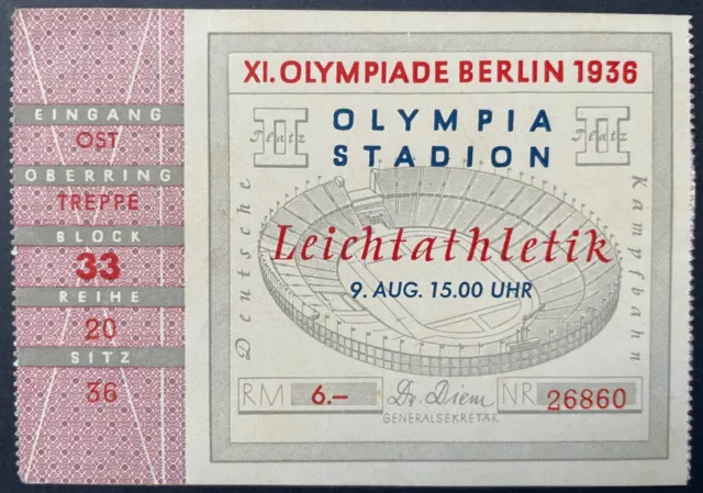 1936 Berlin Summer Olympics Jesse Owens Gold Medal Ticket 4x100 Relay Record LOA