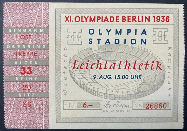 1936 Berlin Summer Olympics Jesse Owens Gold Medal Ticket 4x100 Relay Record LOA 1936 Berlin Summer Olympics Jesse Owens Gold Medal Ticket 4x100 Relay Record LOA