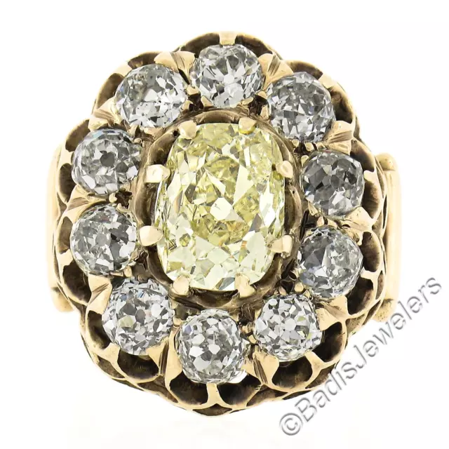 Antik Viktorianisch 14K Gold 6.49ct GIA Fancy Intense Gelb Alt Diamant Halo Ring