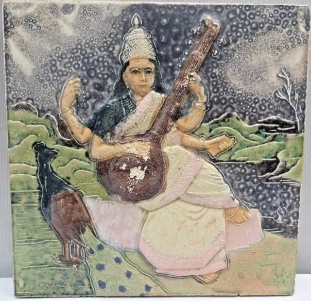Tile Ceramic Vintage Saraswati Hindu Mythology Majolica India Gawalior Rare #343 2