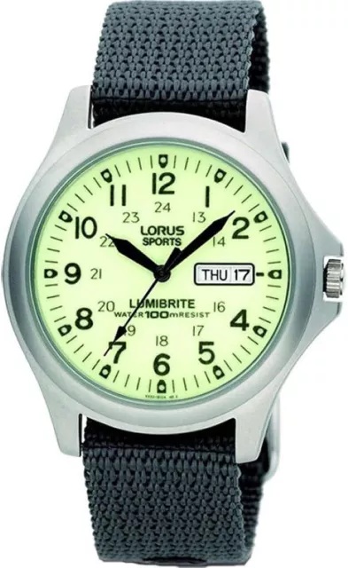 Lorus Gents Analogue Lumibrite Day-Date Grey Nylon Strap Watch Military Style