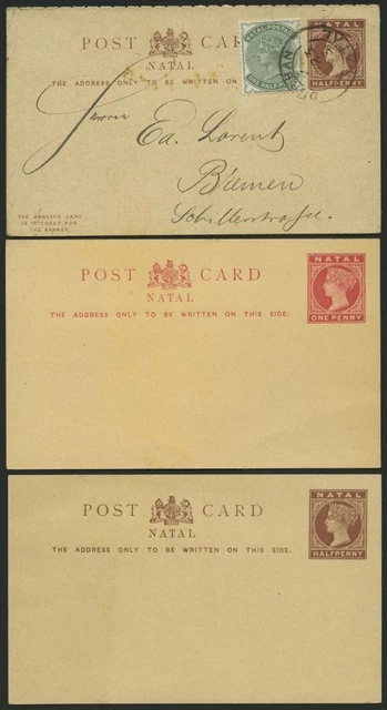 NATAL 1890-1900, 2 *e Ganzsachenkarten und ein gebrauchter Kartenbrief 1/2 P. Zu