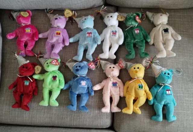 12 Full Set TY Beanie Babies Birthday Months Bears with Party Hats