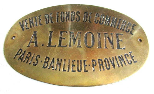 Plaque ovale laiton poli ou cuivre Vente de Fonds de Commerce A. Lemoine Paris