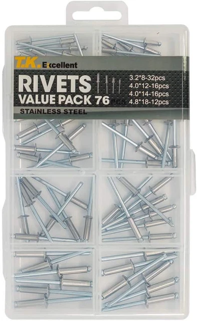 T.K. Excellent Small Head Stainless Steel Mandrel Pop Rivets Assortment Kit,76P