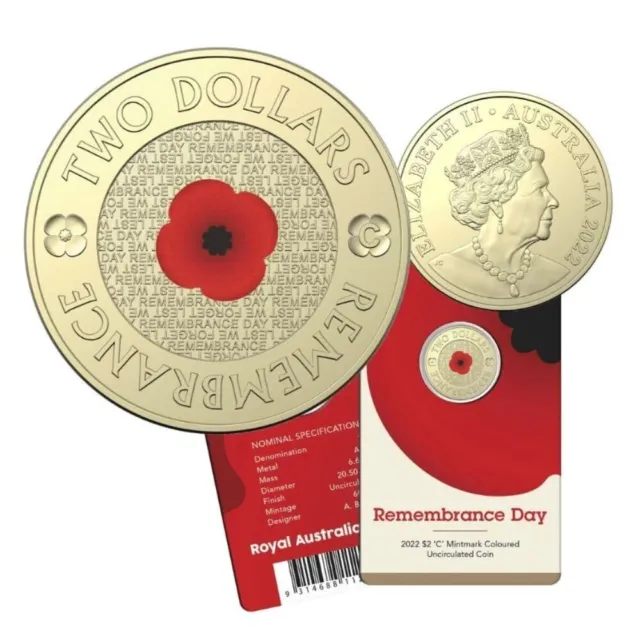 2022 Red Poppy Remembrance Day $2 Coin - 'C' Mintmark UNC