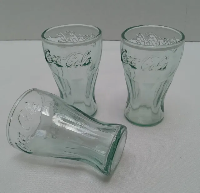 Lot 3 Vintage Libbey 3.25" Small  Coke Coca Cola Glass Cup Mini Green 2.25oz Set