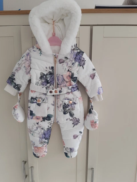 LIPSY BABY GIRLS Snowsuit Age 0 3 Mths Floral Pockets Fur Hood Mittens Stunning 9.95 PicClick UK