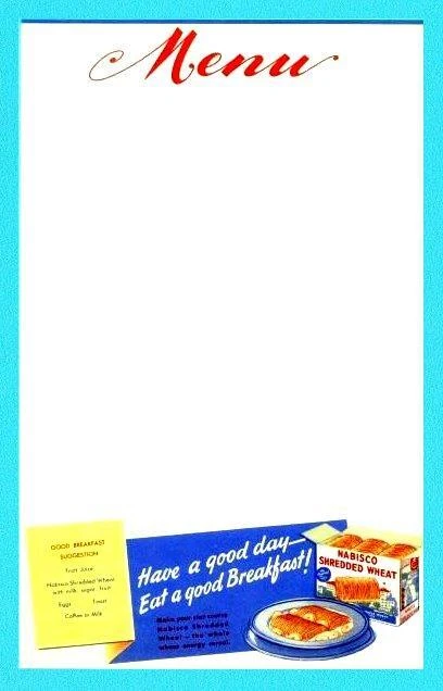 Niagara Falls, NY - Nabisco Shredded Wheat Menu Sheet #1 - 1940/50s era NOS