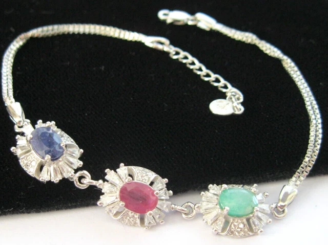 Sterling Silver Real Ruby Emerald Sapphire Tennis BRACELET Hallmarked 7.64g