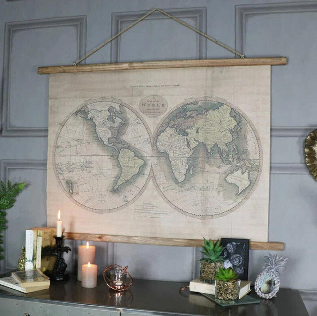 LARGE WORLD MAP Vintage Industrial Style Hanging Art Decor Wooden Wall Canvas £19.90 PicClick UK