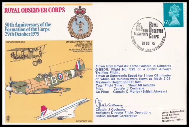 RAF (SP)10b Royal Observer Corps Concorde Flown Cover Signed JOHN COCHRANE