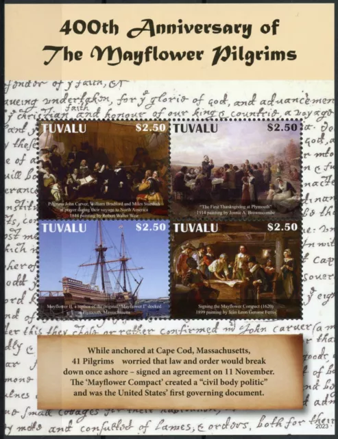Tuvalu Ships Stamps 2020 MNH Mayflower Pilgrims Compact Art Exploration 4v M/S