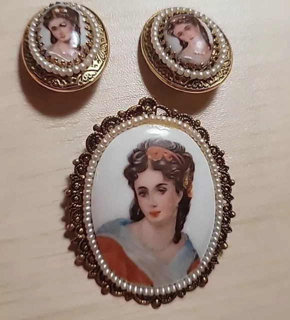 Limoges Painted Cameo portrait Victorian brunette brooch & earrings set