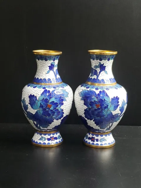 Pair of 2 Vintage Chinese Cloisonné Blue And White Enamel Vase 6” Birds Flowers